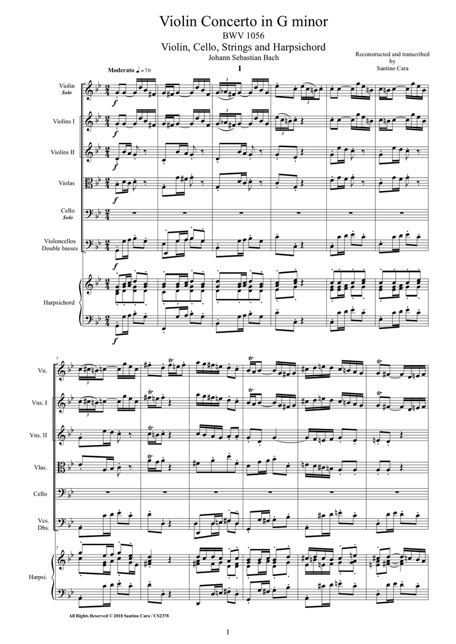 Bach - Violin Concerto in G minor BWV 1056 for Violin, Cello, Strings and Harpsichord Chamber Orchestra scores gallery preview page 1