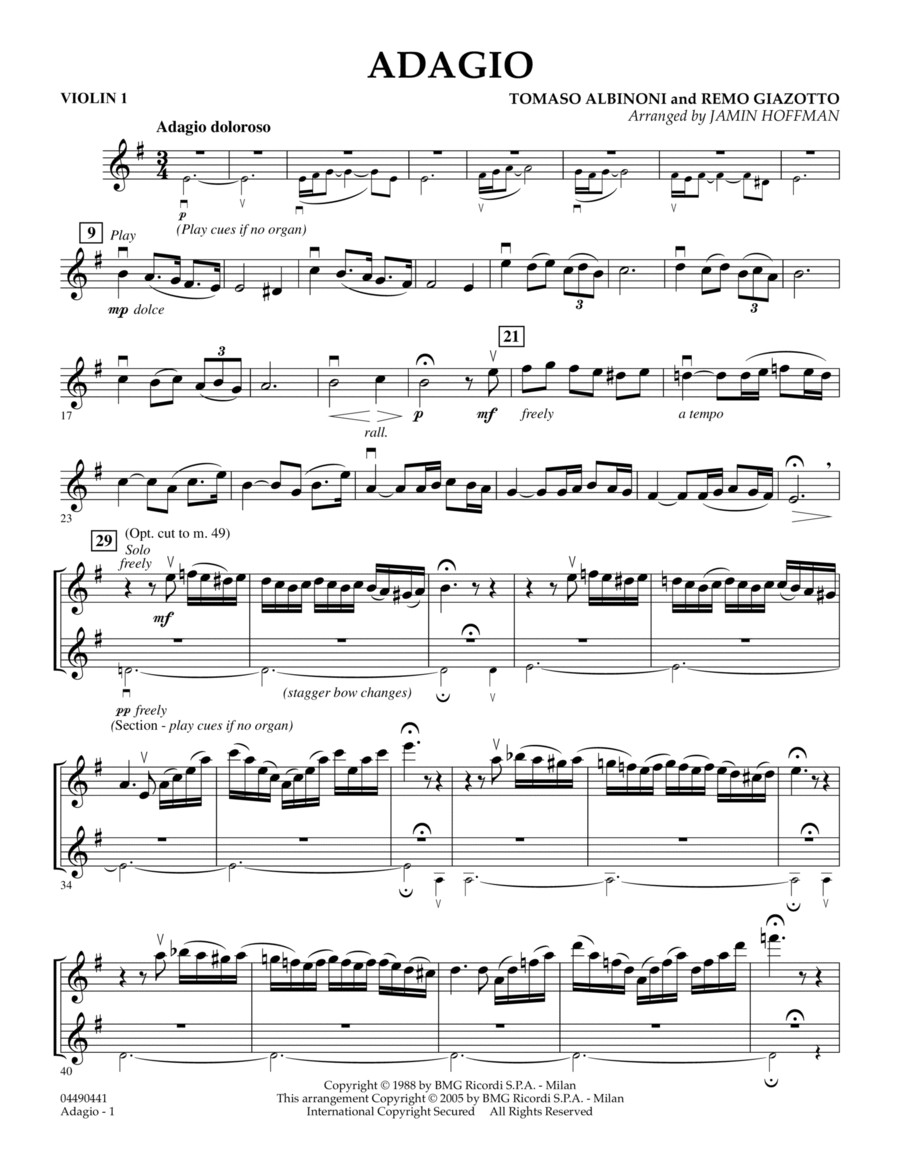Adagio (arr. Jamin Hoffman) - Violin 1 Orchestra scores gallery preview page 1