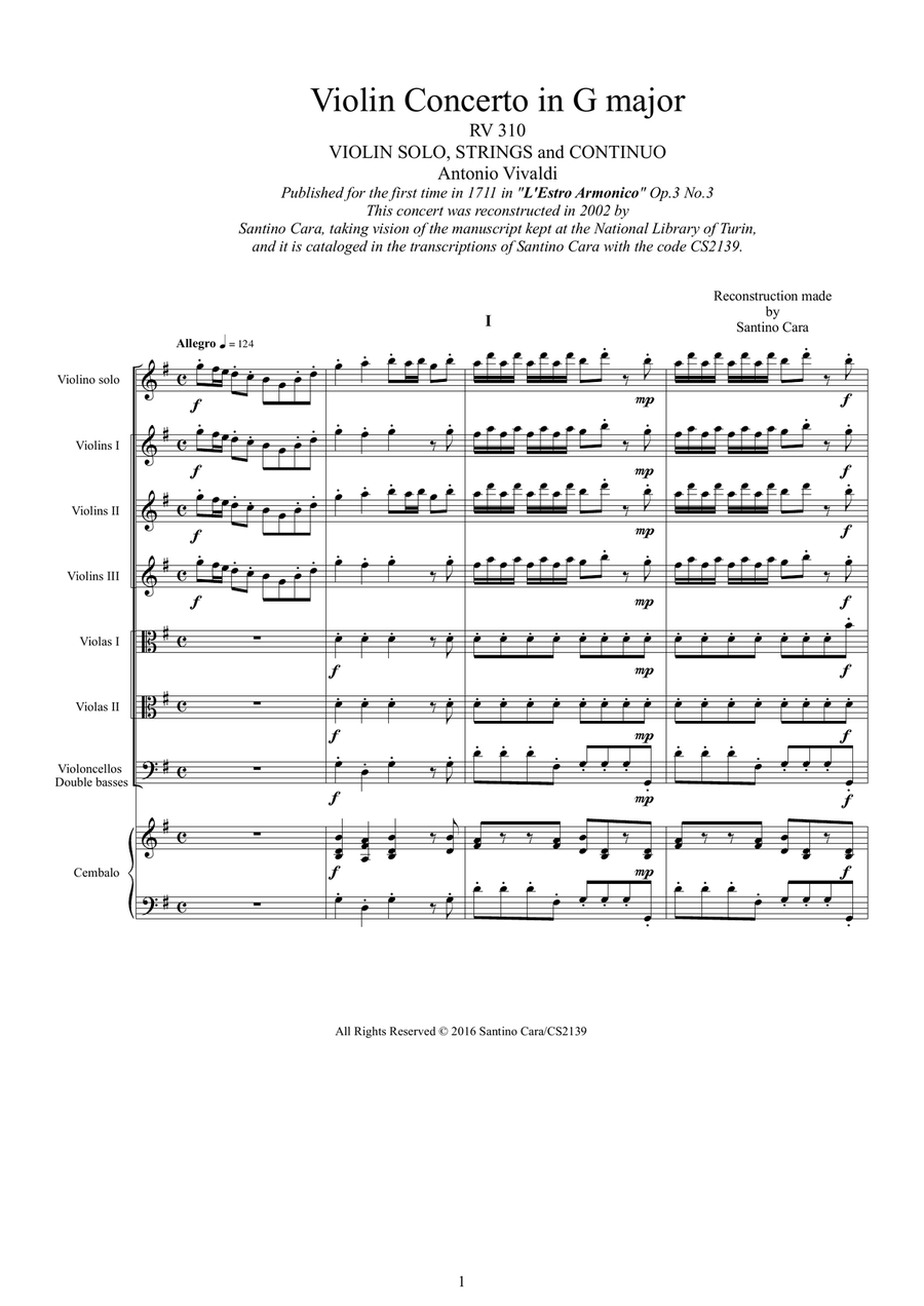 Vivaldi - Violin Concerto in G major RV 310 Op.3 No.3 for Violin solo, Strings and Continuo Chamber Orchestra scores gallery preview page 1