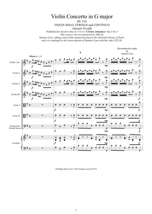 Vivaldi - Violin Concerto in G major RV 310 Op.3 No.3 for Violin solo, Strings and Continuo