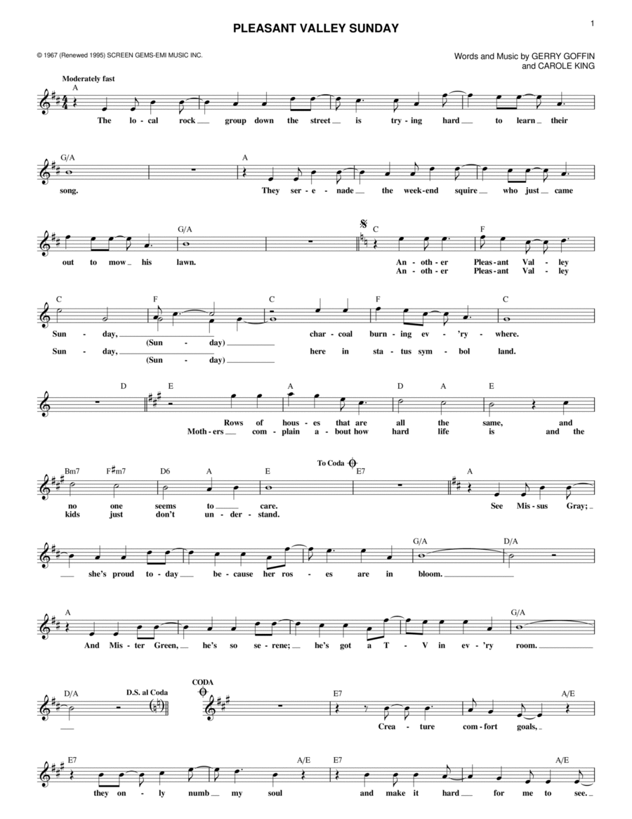 Pleasant Valley Sunday Piano scores gallery preview page 1