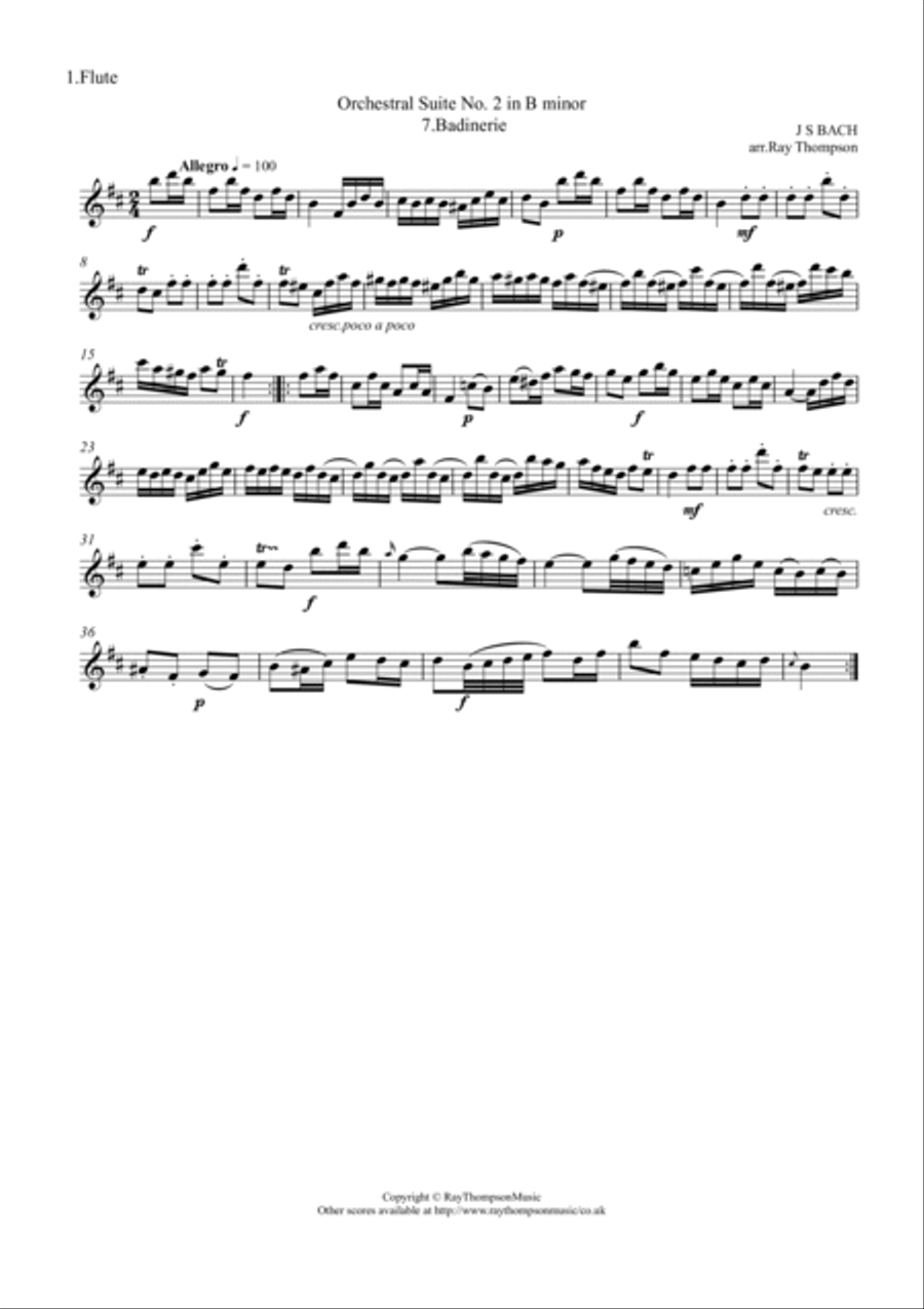 Bach:Orchestral Suite No.2 in B Minor BWV1067: Movt.7 Badinerie (arranged flute duet) Flute Duet scores gallery preview page 2
