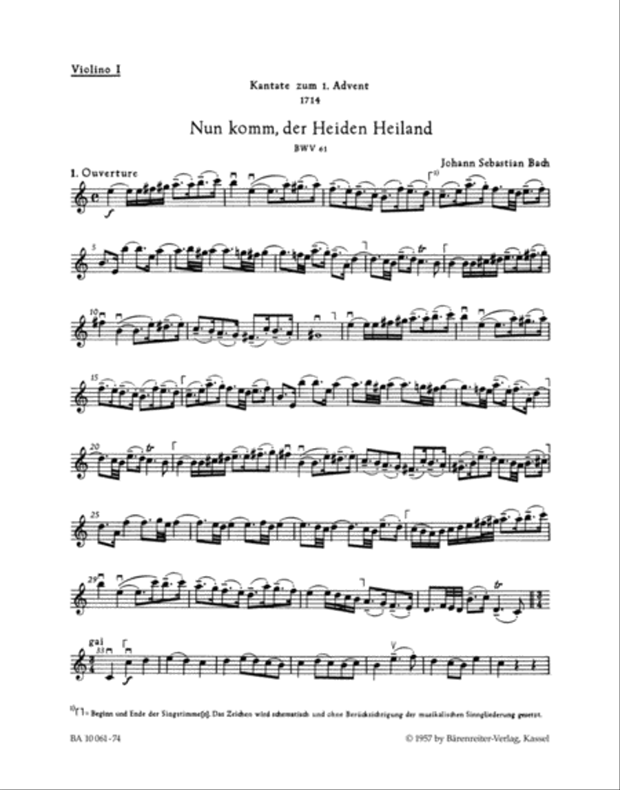 Nun komm, der Heiden Heiland, BWV 61 Violin scores gallery preview page 1
