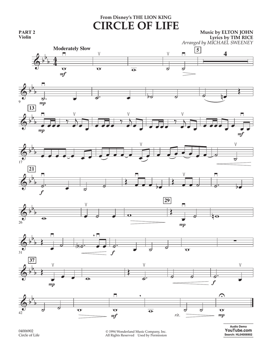 Circle of Life (from The Lion King) (arr. Michael Sweeney) - Pt.2 - Violin