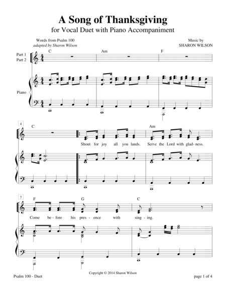 Psalm 100, A Song of Thanksgiving (for vocal duet with piano accompaniment) by Sharon Wilson Alto Voice - Digital Sheet Music