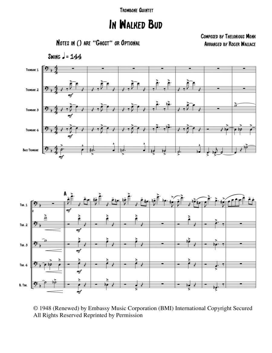 In Walked Bud Brass Quintet scores gallery preview page 1
