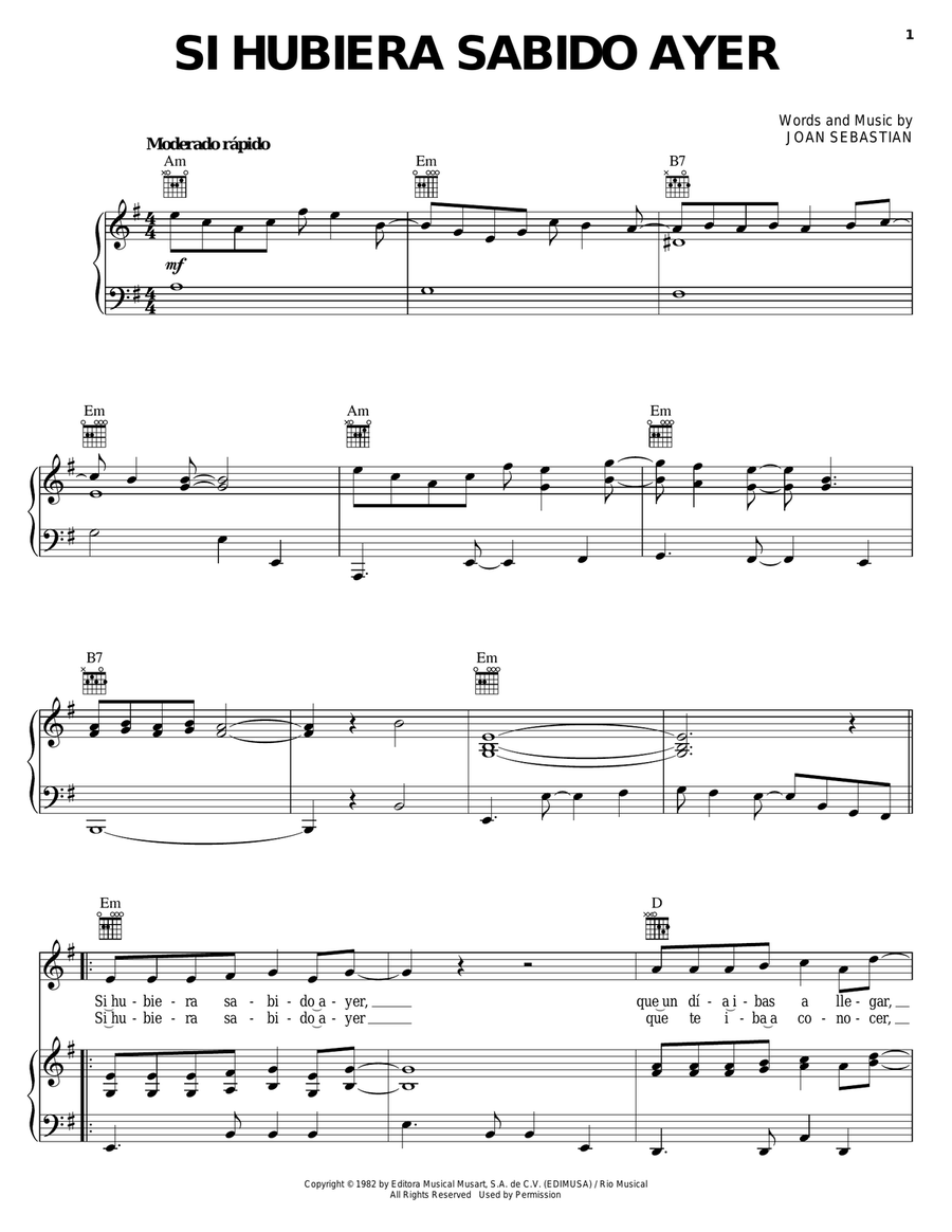 Si Hubiera Sabido Ayer Piano, Vocal, Guitar scores gallery preview page 1