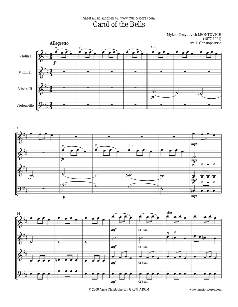 Carol of the Bells - 3 Violins and Cello - E Minor Small Ensemble scores gallery preview page 2