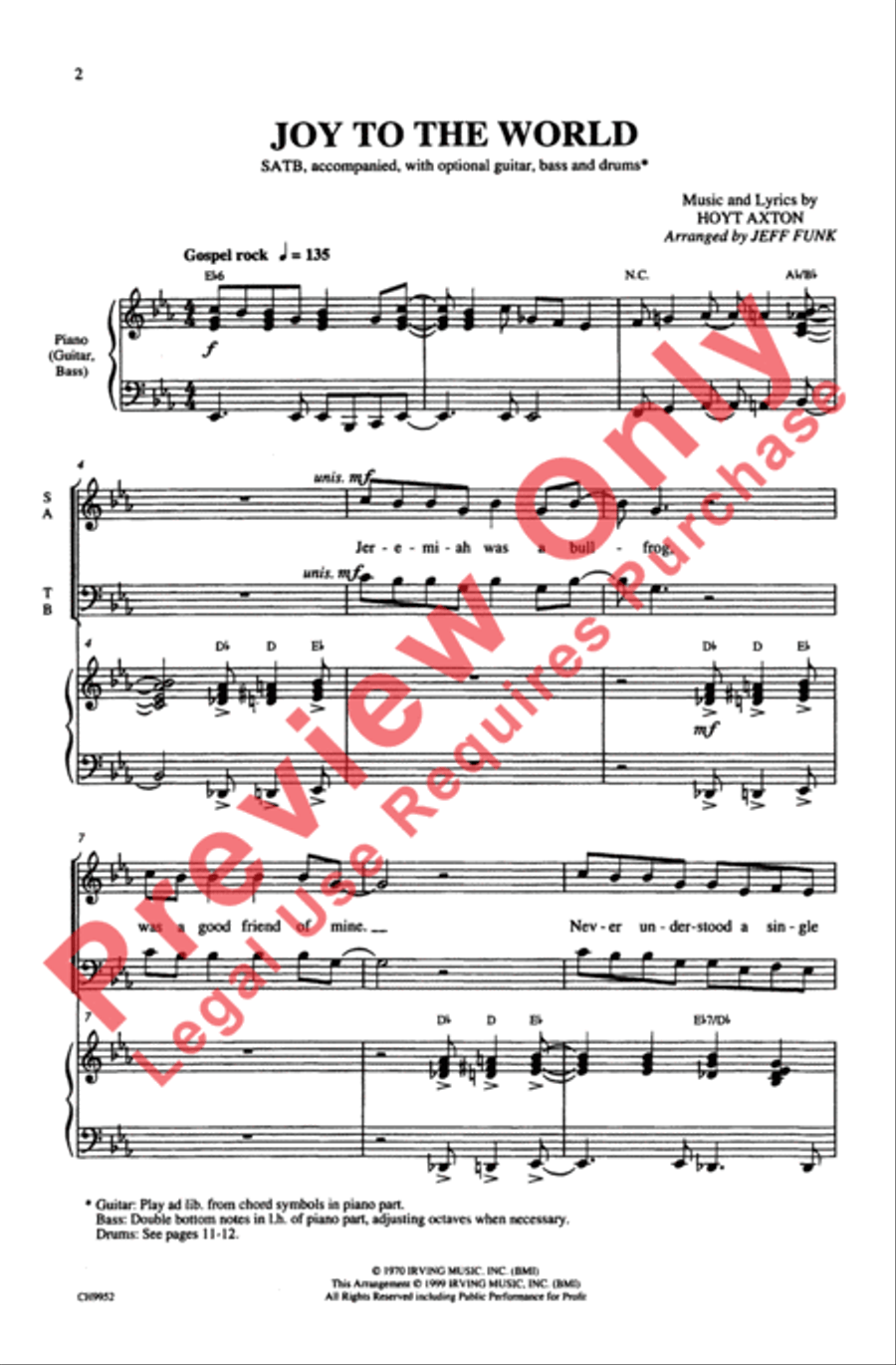 Joy to the World (Jeremiah Was a Bullfrog) 4-Part scores gallery preview page 2