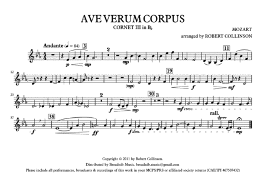 AVE VERUM CORPUS (Mozart) - March card (A5) parts only Brass Ensemble scores gallery preview page 3