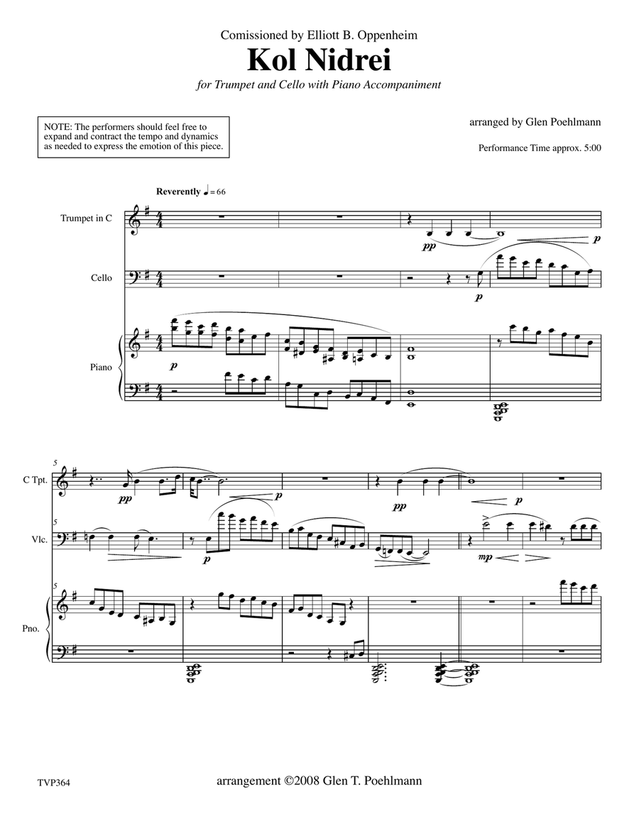 KOL NIDREI (Kol Nidre) - C or Bb Trumpet & Cello with Piano Accompaniment (Grade 4-) Trumpet Duet scores gallery preview page 1