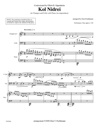 KOL NIDREI (Kol Nidre) - C or Bb Trumpet & Cello with Piano Accompaniment (Grade 4-)