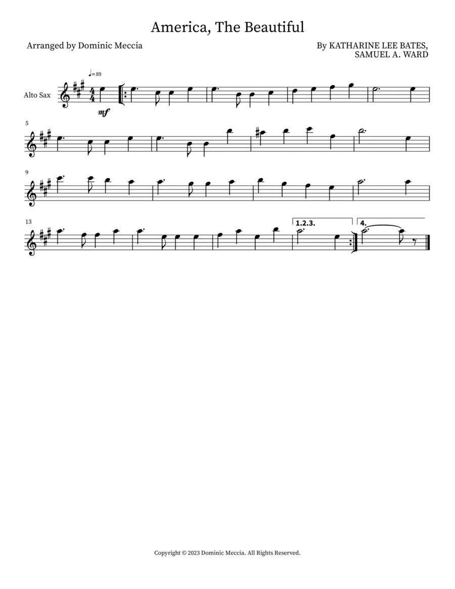 America, The Beautiful Alto Saxophone scores gallery preview page 1