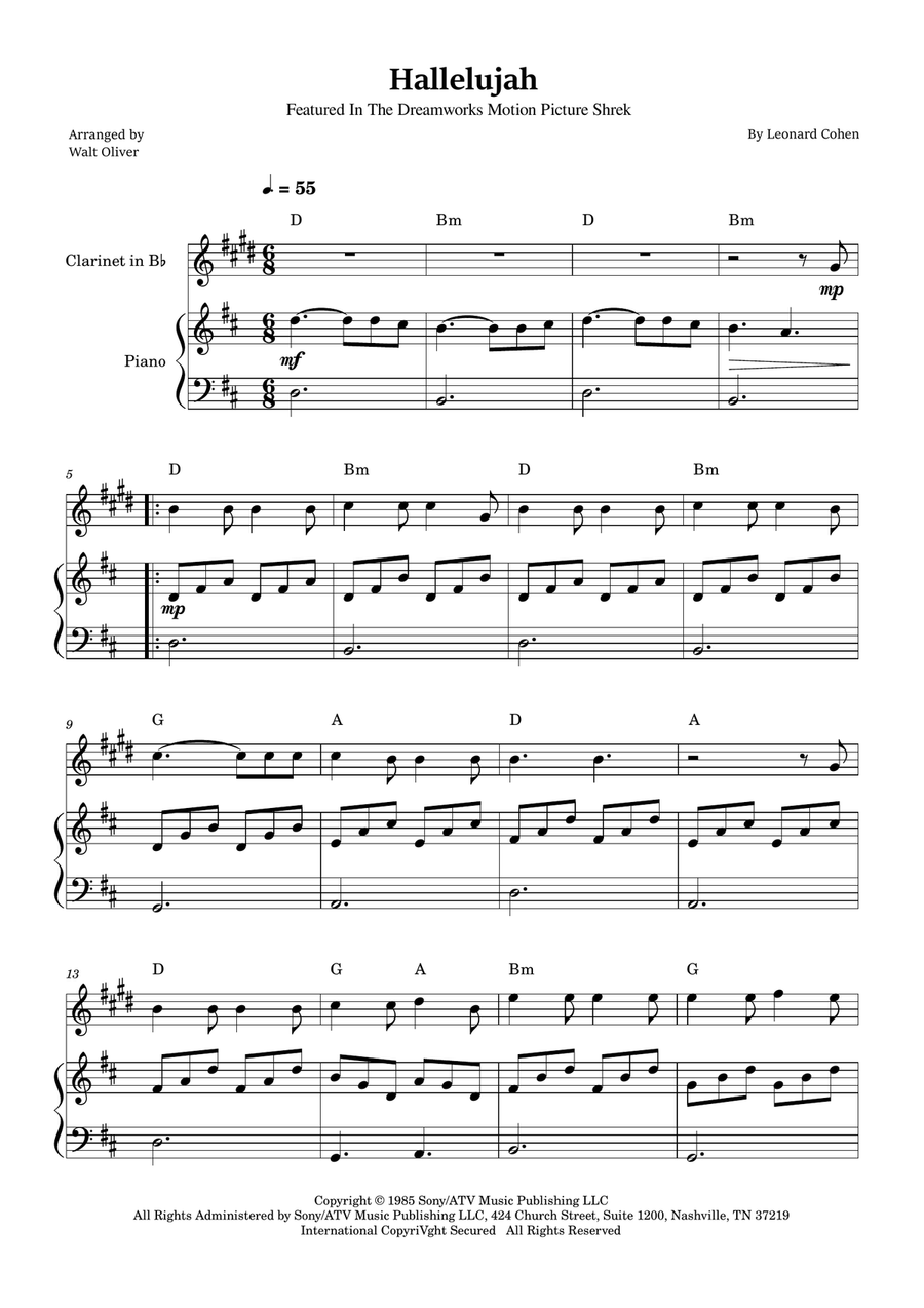 Hallelujah B-Flat Clarinet scores gallery preview page 1