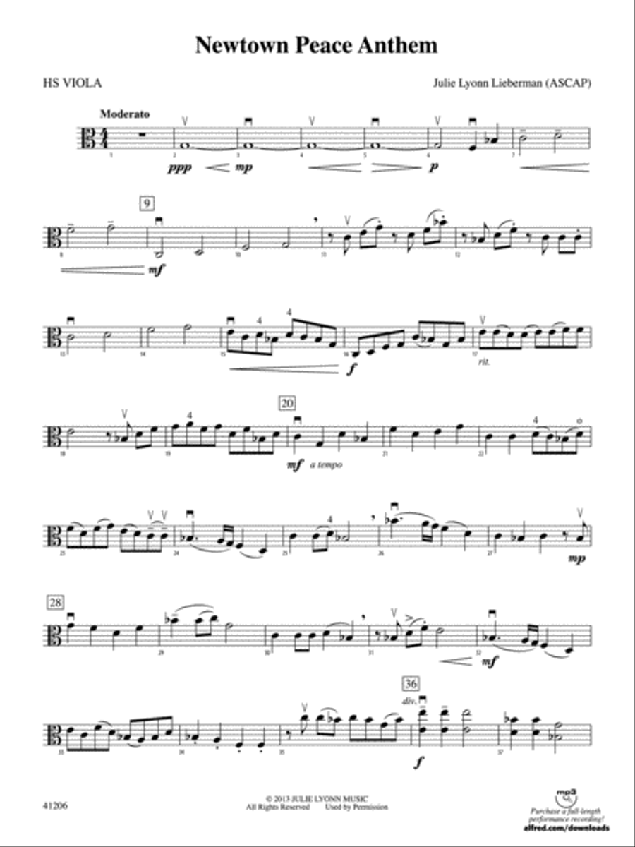 Newtown Peace Anthem: HS Viola String Orchestra scores gallery preview page 1