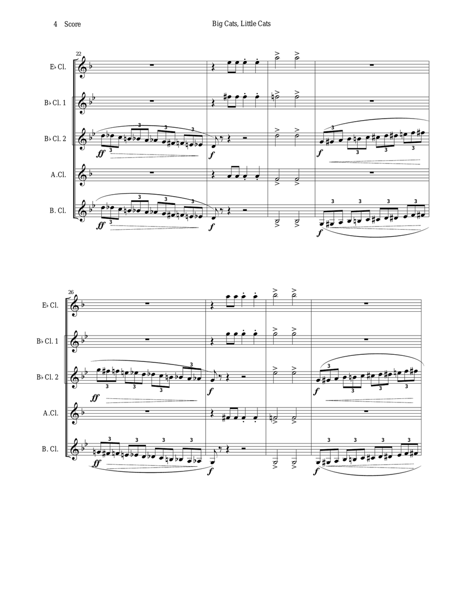 Clarinet Quintet or choir - Big Cats, Little Cats Clarinet Quintet scores gallery preview page 4