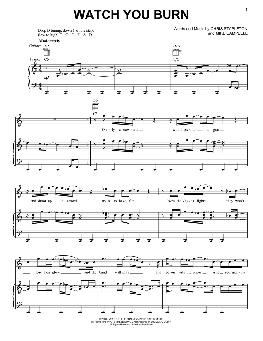 Watch You Burn Piano, Vocal, Guitar scores gallery preview page 1