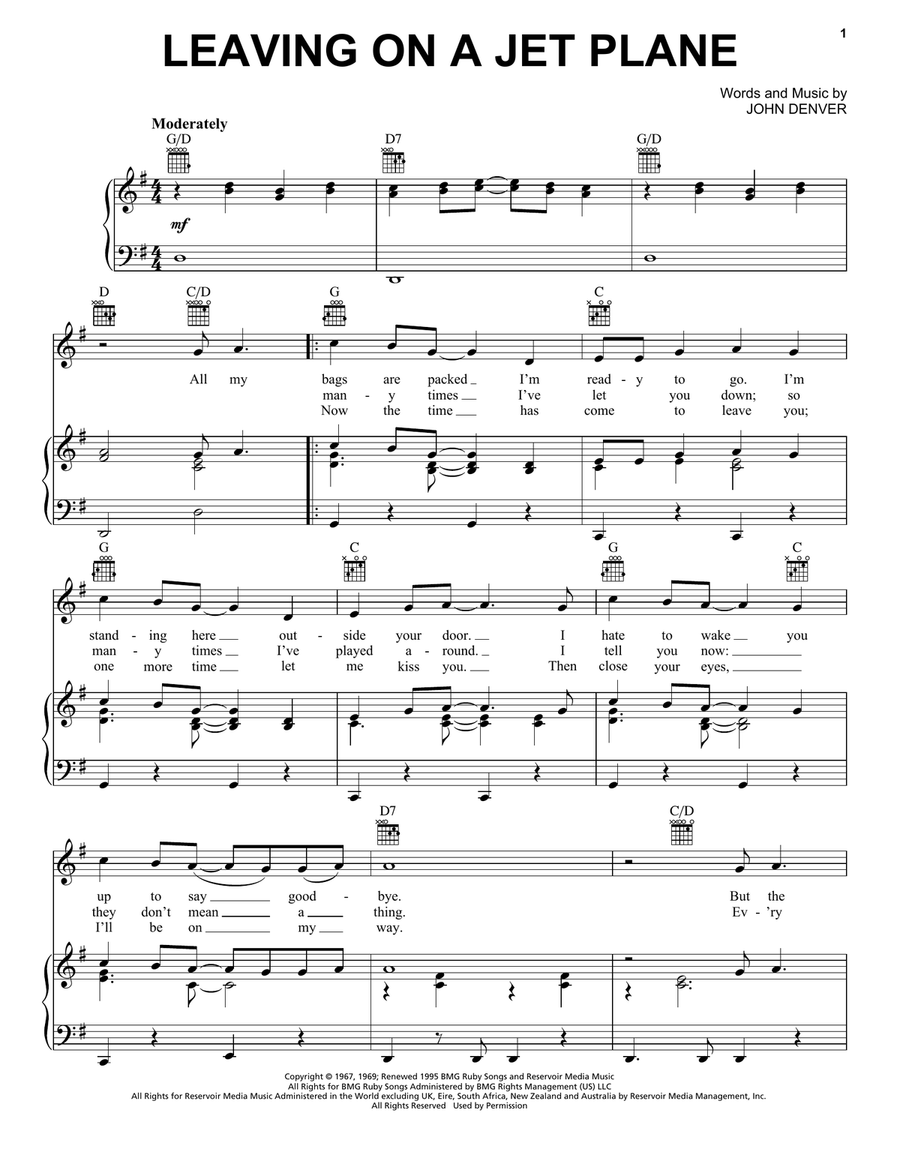 Leaving On A Jet Plane Piano, Vocal, Guitar scores gallery preview page 1