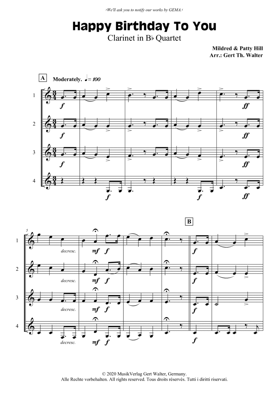 Happy Birthday To You Woodwind Quartet scores gallery preview page 1