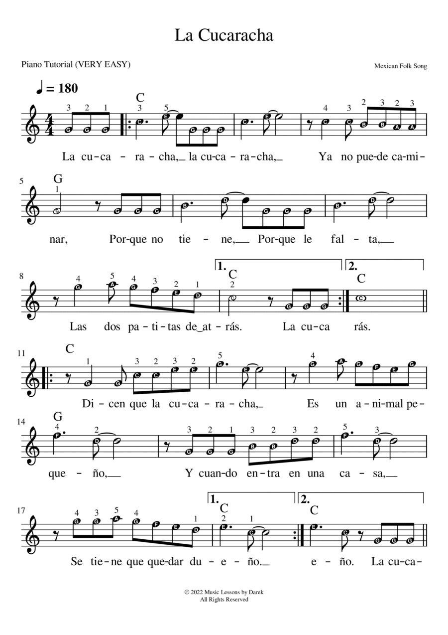La Cucaracha (VERY EASY PIANO) [Mexican Folk Song] Easy Piano scores gallery preview page 1