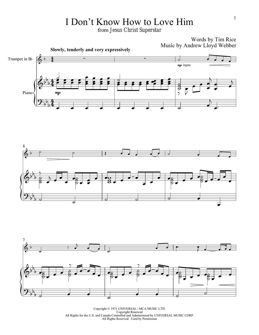 I Don't Know How To Love Him (from Jesus Christ Superstar) Trumpet Solo scores gallery preview page 1