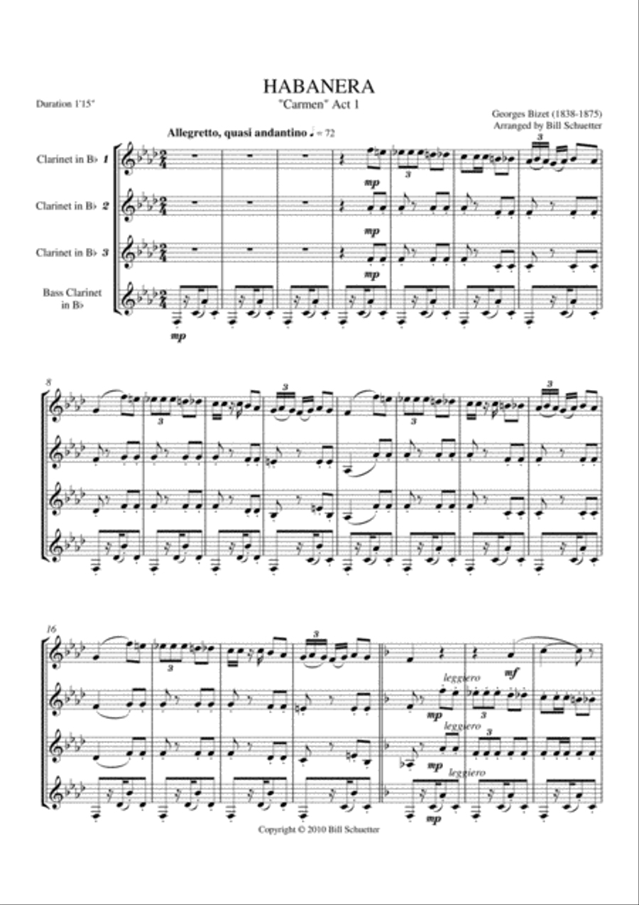 Habanera from Carmen Clarinet Quartet scores gallery preview page 1