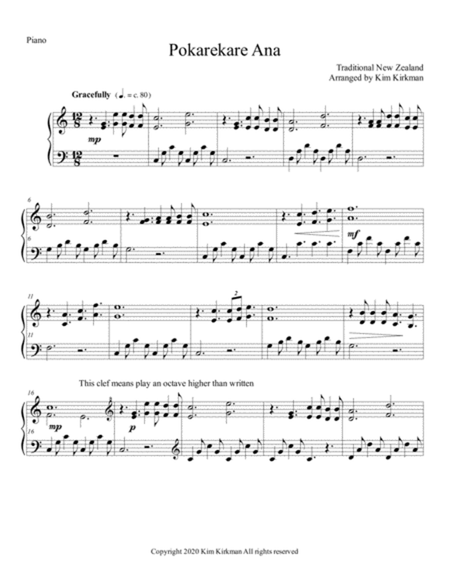 Pokarekare Ana for piano solo, easy arrangement, no black notes required image number null