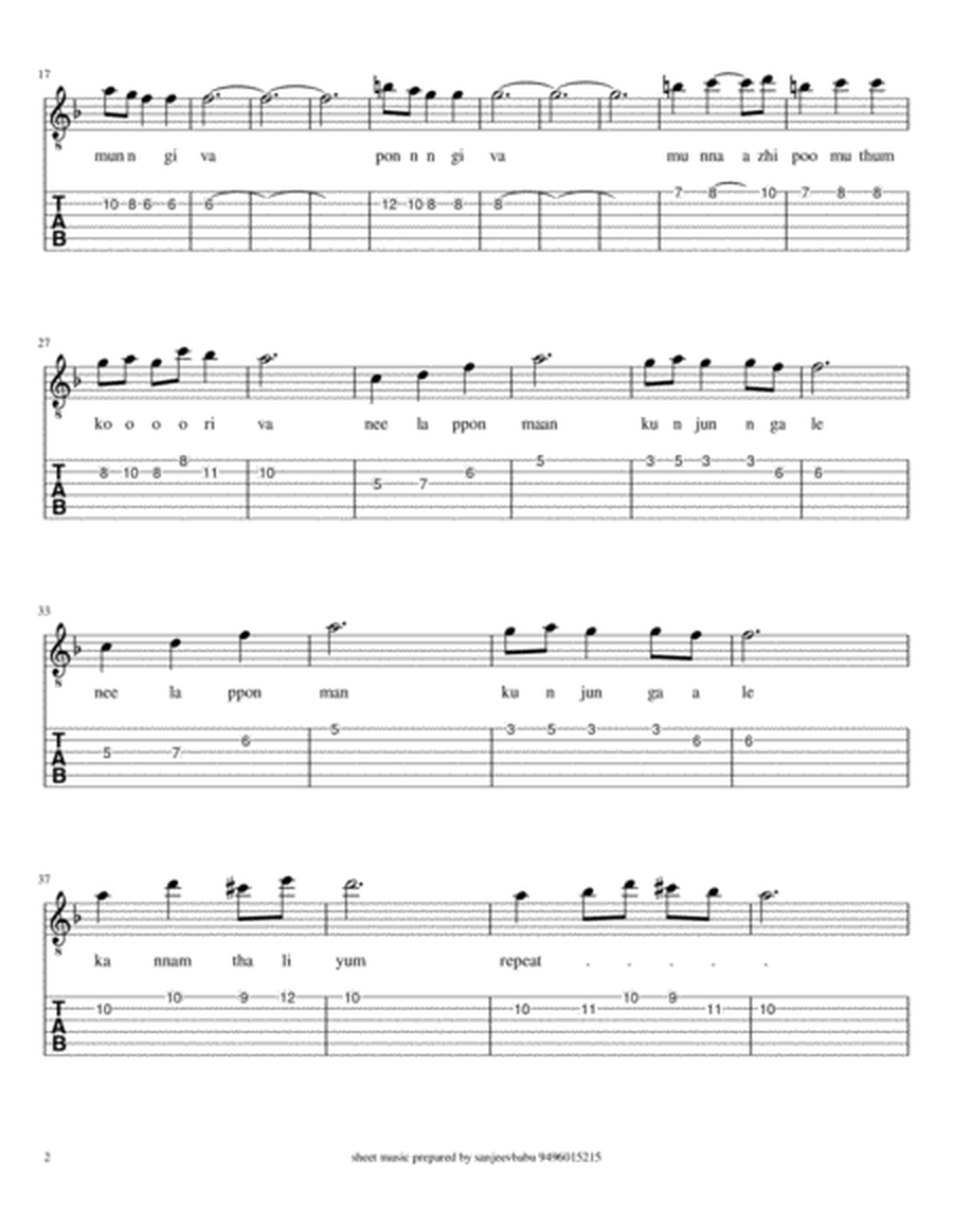 kannanthaliyum kattukkurinjiyum sheet music with guitar tabs and lyrics with chords