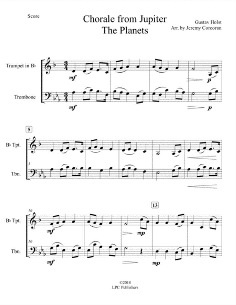 Chorale from Jupiter for Trumpet and Trombone Brass Duet scores gallery preview page 2
