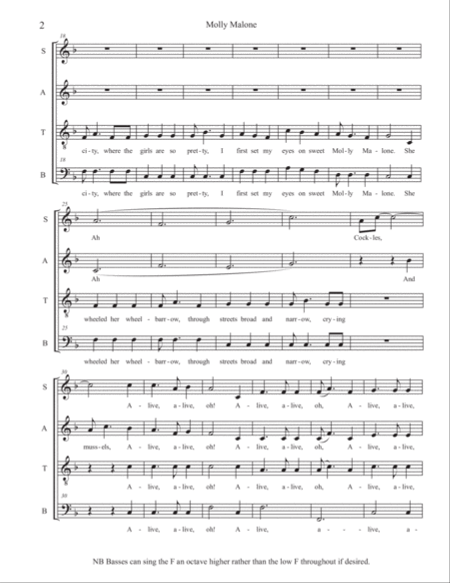 Molly Malone (SATB, a cappella) arranged by Sarah Jaysmith (Traditional Irish folk song) 4-Part scores gallery preview page 2