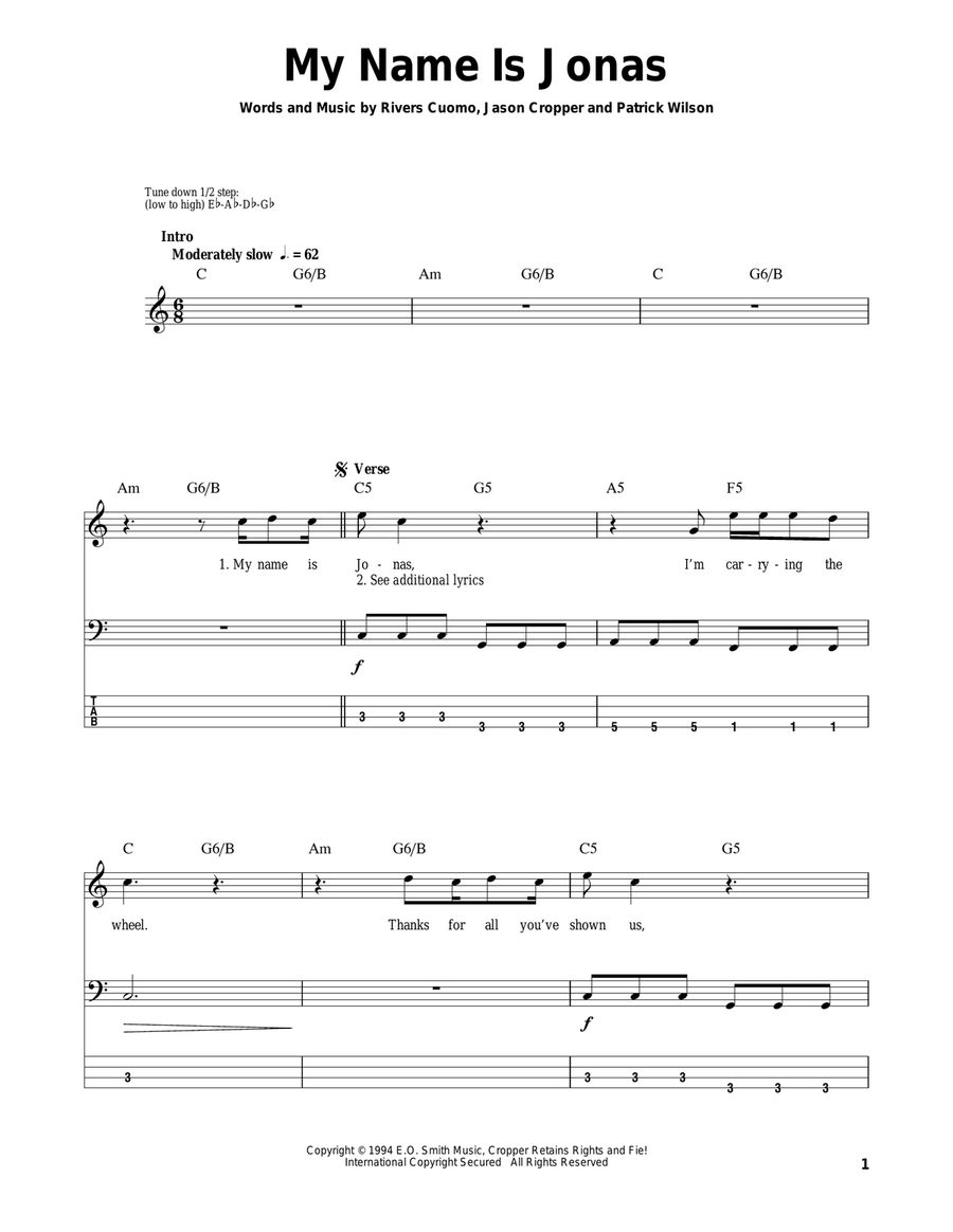 My Name Is Jonas Bass Guitar Tablature scores gallery preview page 1