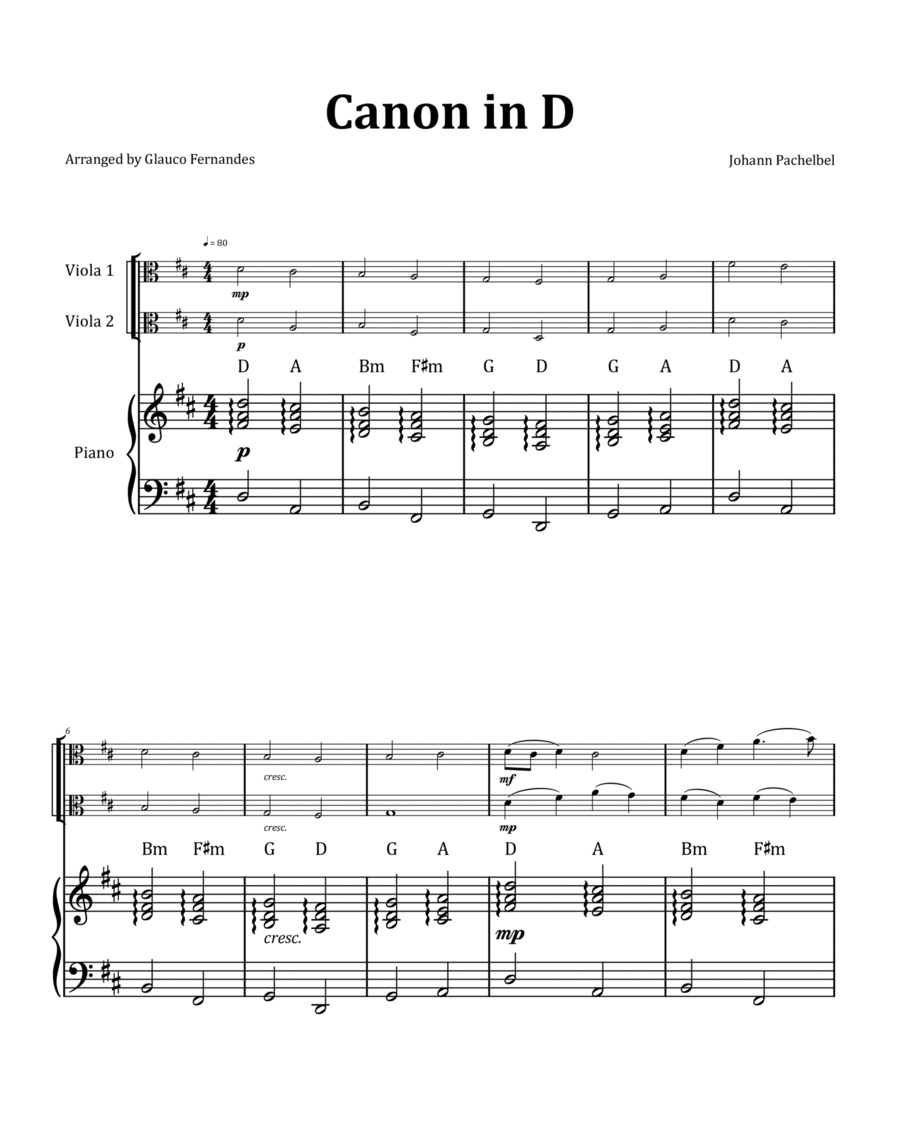 Canon by Pachelbel - Viola Duet with Piano and Chord Notation image number null