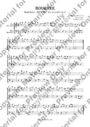Bourrée - BWV 1067 For Recorder Duet