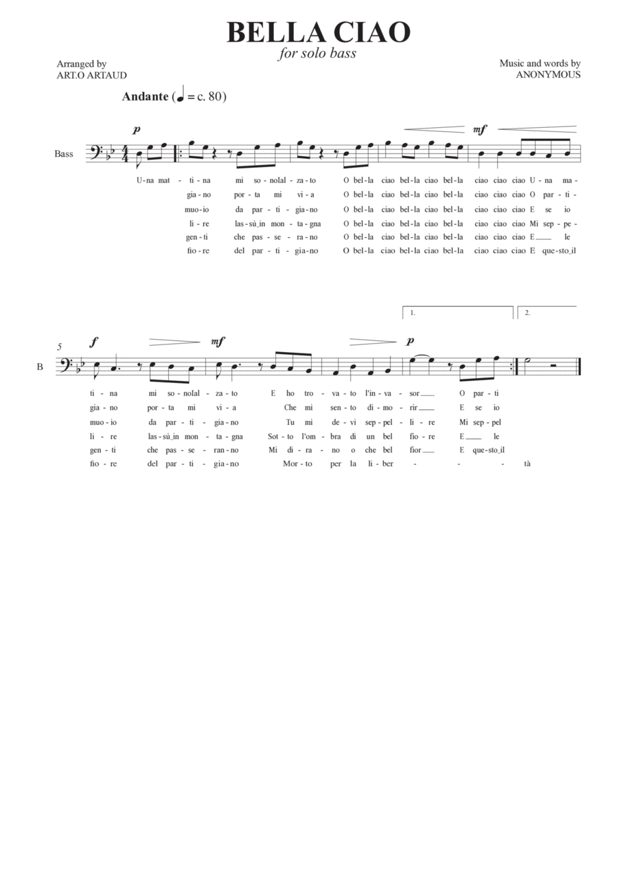 Bella Ciao Bass Voice scores gallery preview page 1