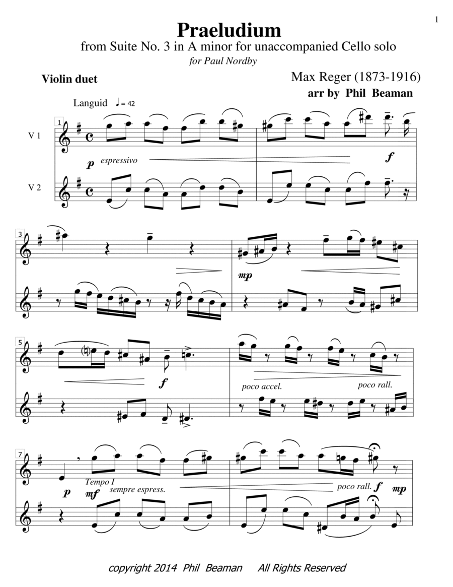 Praeludium - Reger- Violin duet String Duet scores gallery preview page 1