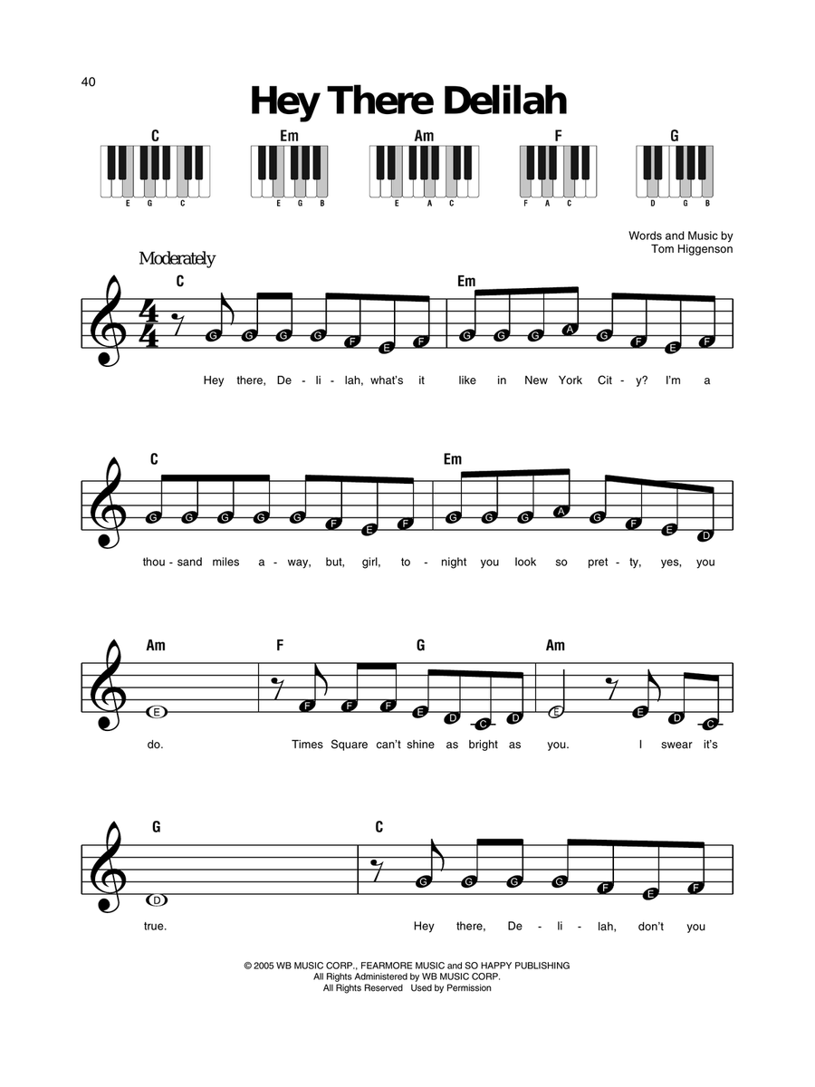 Hey There Delilah Easy Piano scores gallery preview page 1