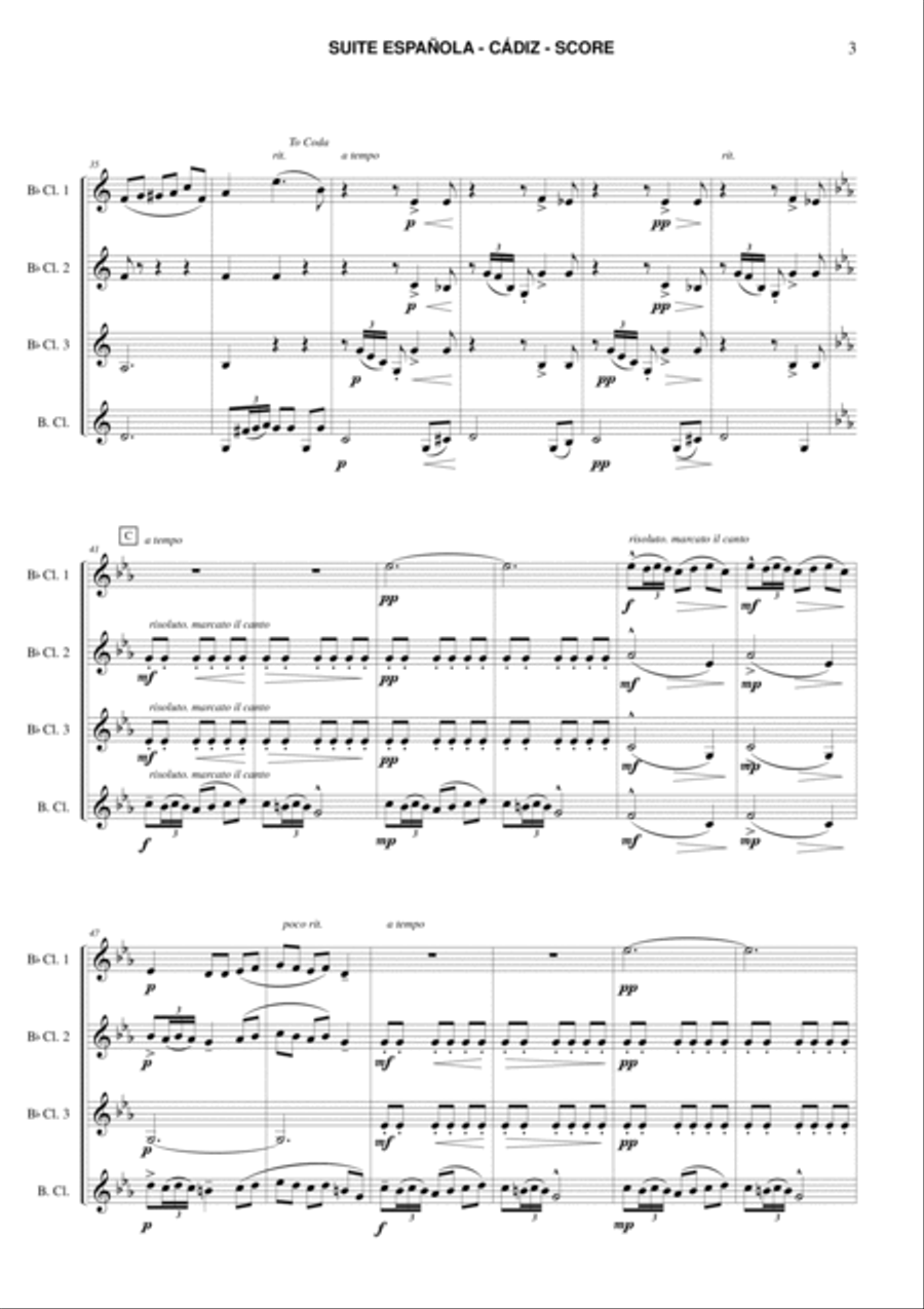 Cadiz from Suite Española Clarinet Quartet scores gallery preview page 3