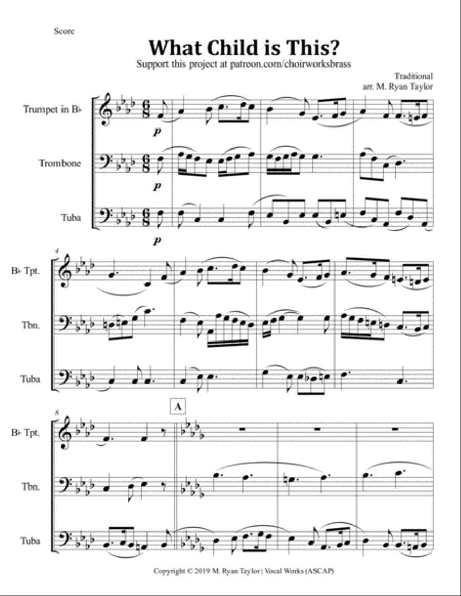 What Child is This? for Brass Trio (Trumpet, Trombone, Tuba) Brass Trio scores gallery preview page 1