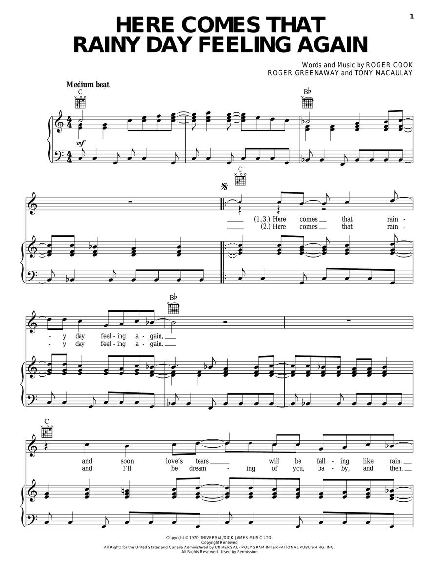 Here Comes That Rainy Day Feeling Again Piano, Vocal, Guitar scores gallery preview page 1