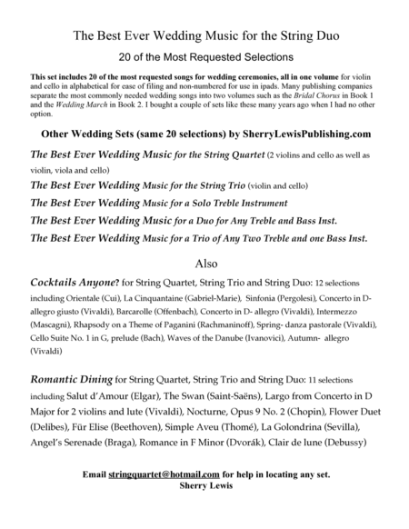 STRING DUO WEDDING MUSIC - FOR STRING DUO COLLECTION SET OF WEDDING CLASSICS - 20 arrangements- image number null