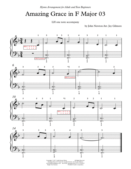 Amazing Grace in F major very easy to intermediate, 8 piano arrangements especially for adults