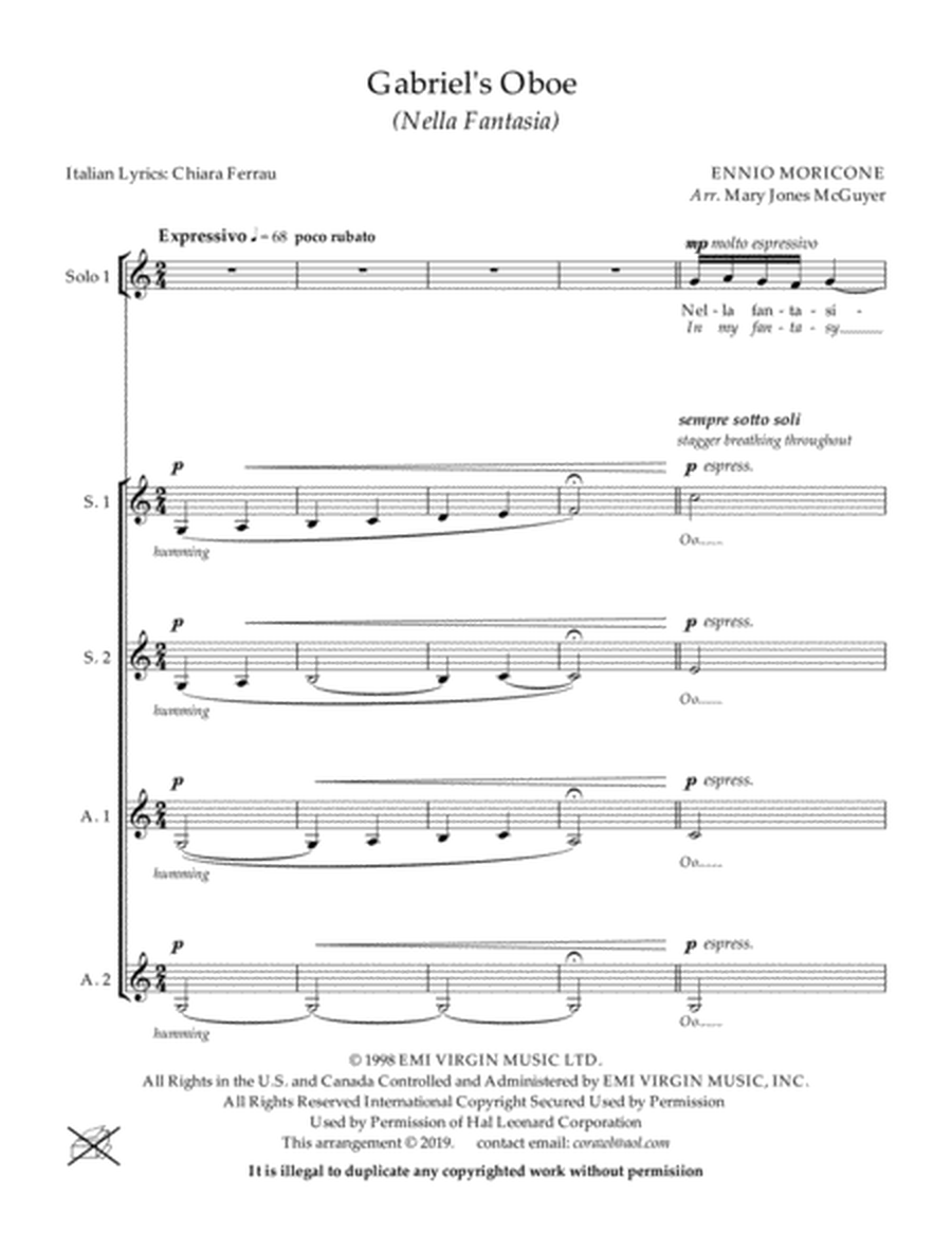 Gabriel's Oboe (Nella Fantasia), for Ladies a cappella (Solo 1, Solo 2, Solo 3, S.S A.A.) image number null
