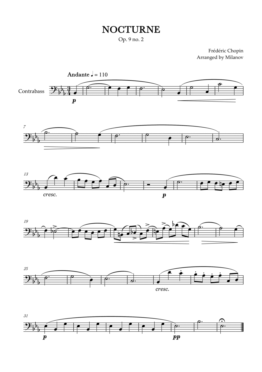 Chopin Nocturne op. 9 no. 2 | String Bass | E-flat Major | Easy beginner Double Bass scores gallery preview page 1