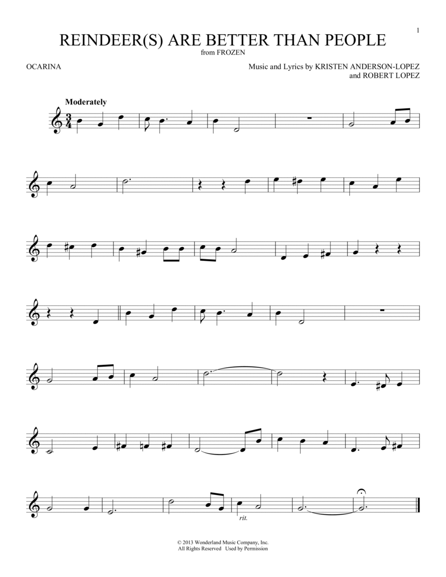 Reindeer(s) Are Better Than People (from Disney's Frozen) ocarina scores gallery preview page 1