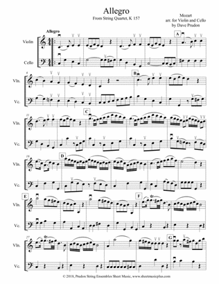 Mozart String Quartet, K 157 (Allegro) for Violin & Cello