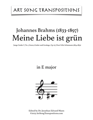 Book cover for BRAHMS: Meine Liebe ist grün, Op. 63 no. 5 (transposed to E major)