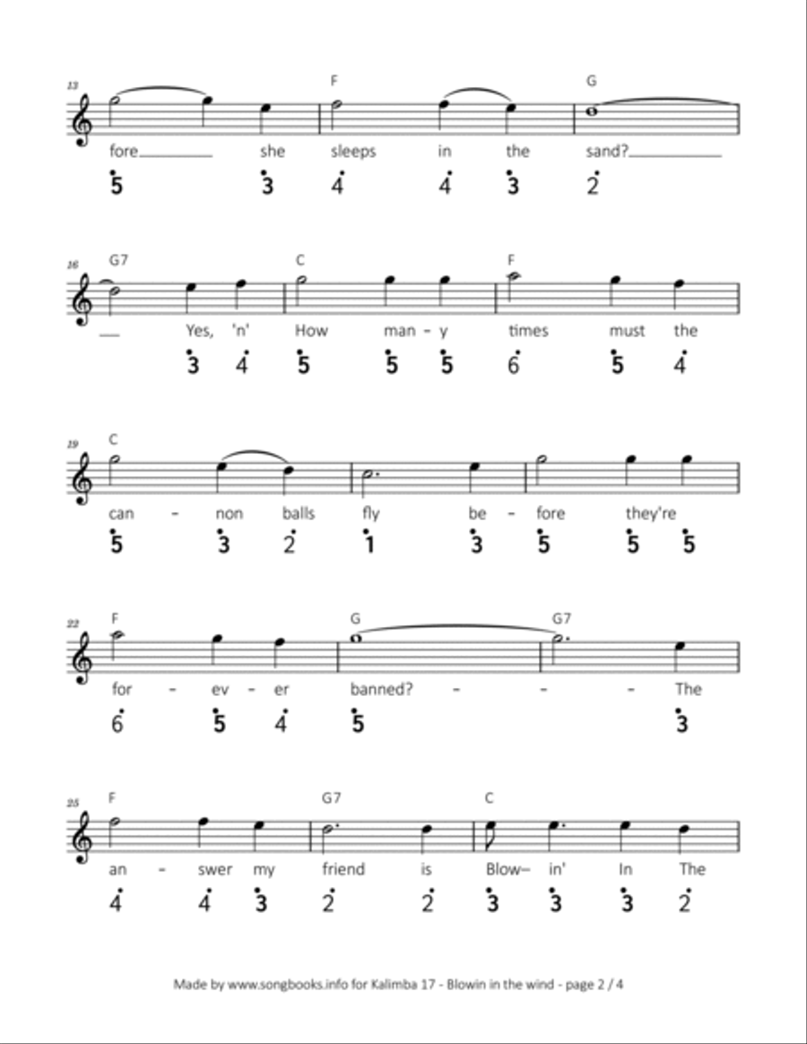 Blowin' In The Wind Kalimba scores gallery preview page 2
