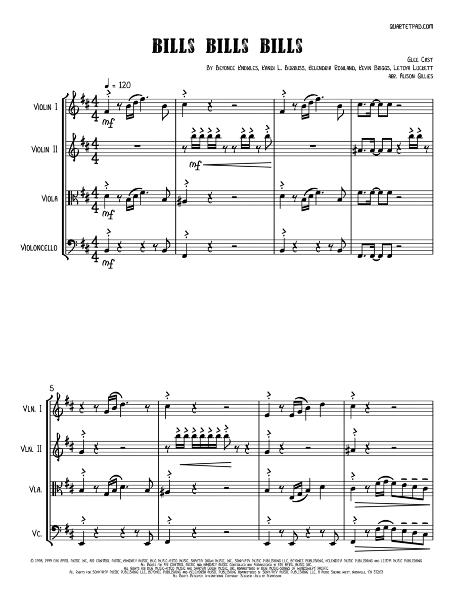 Bills, Bills, Bills Bills, Bills, Bills String Quartet scores gallery preview page 1