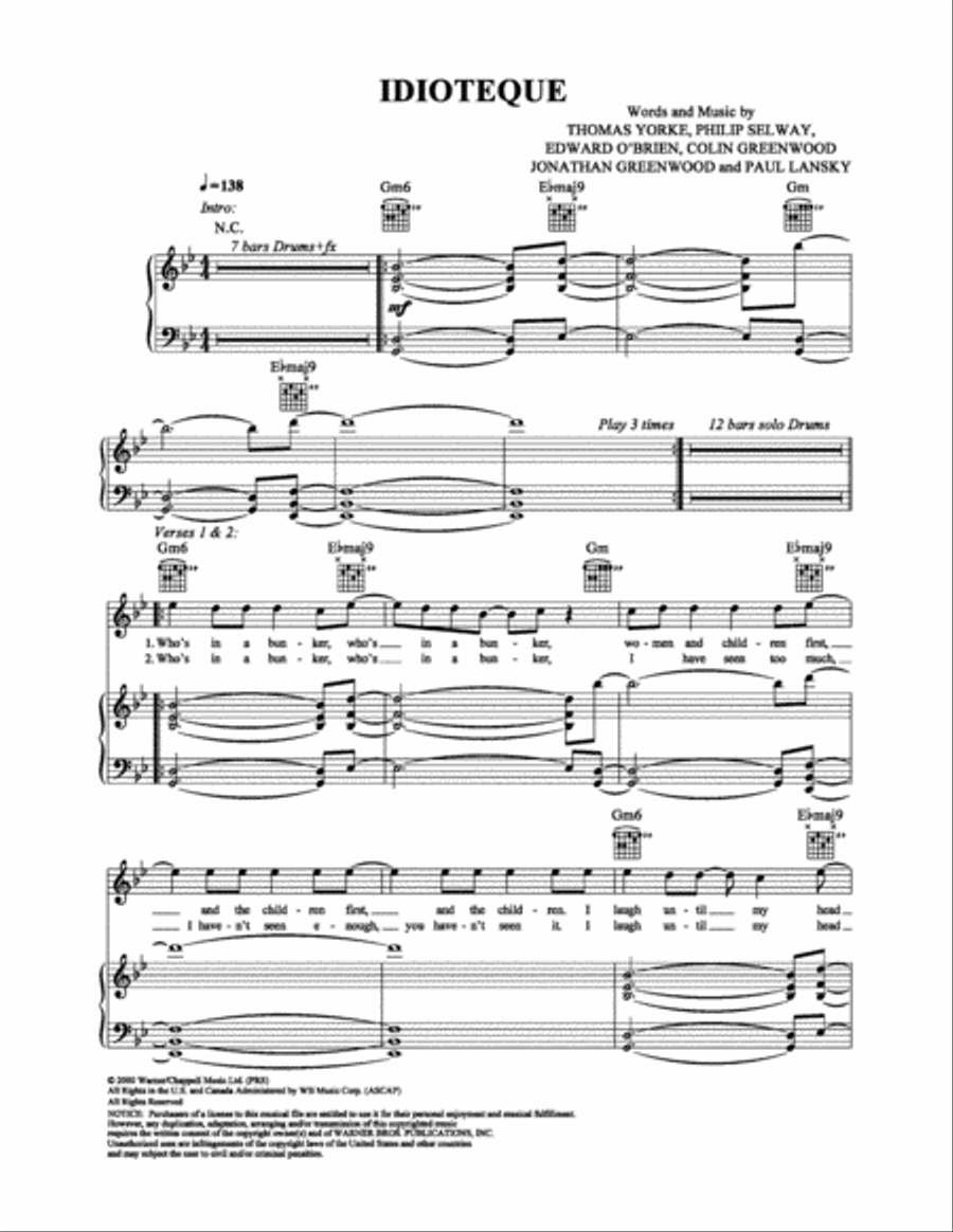 Idioteque Piano, Vocal, Guitar scores gallery preview page 1