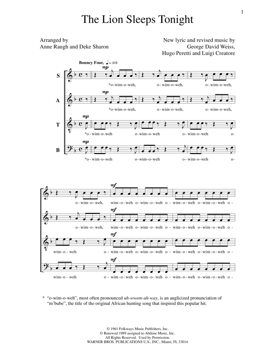The Lion Sleeps Tonight 4-Part scores gallery preview page 1